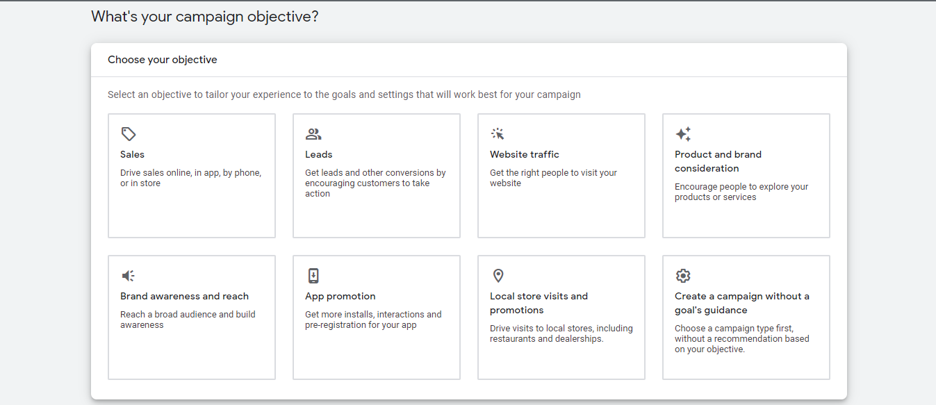 ‘Choose your campaign objective’ screen in the Google Ads dashboard