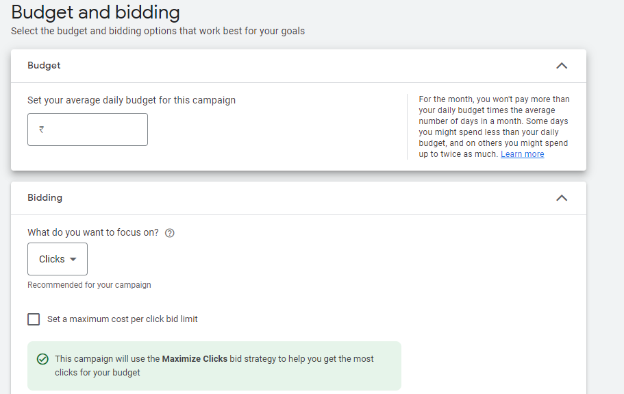 ‘Budget and bidding’ screen in the Google Ads dashboard