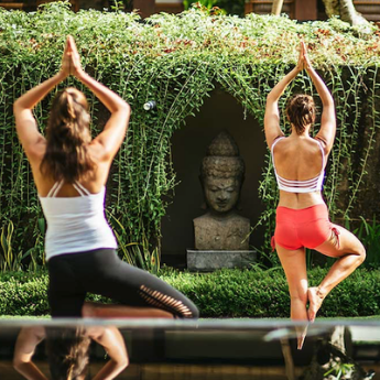 Women practising yoga in the gardens at Escape Haven