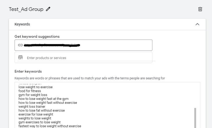 ‘Keywords’ section in the Google Ads dashboard
