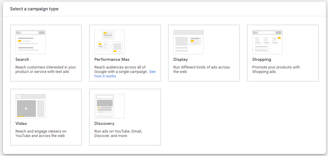 ‘Select a campaign type’ screen in the Google Ads dashboard