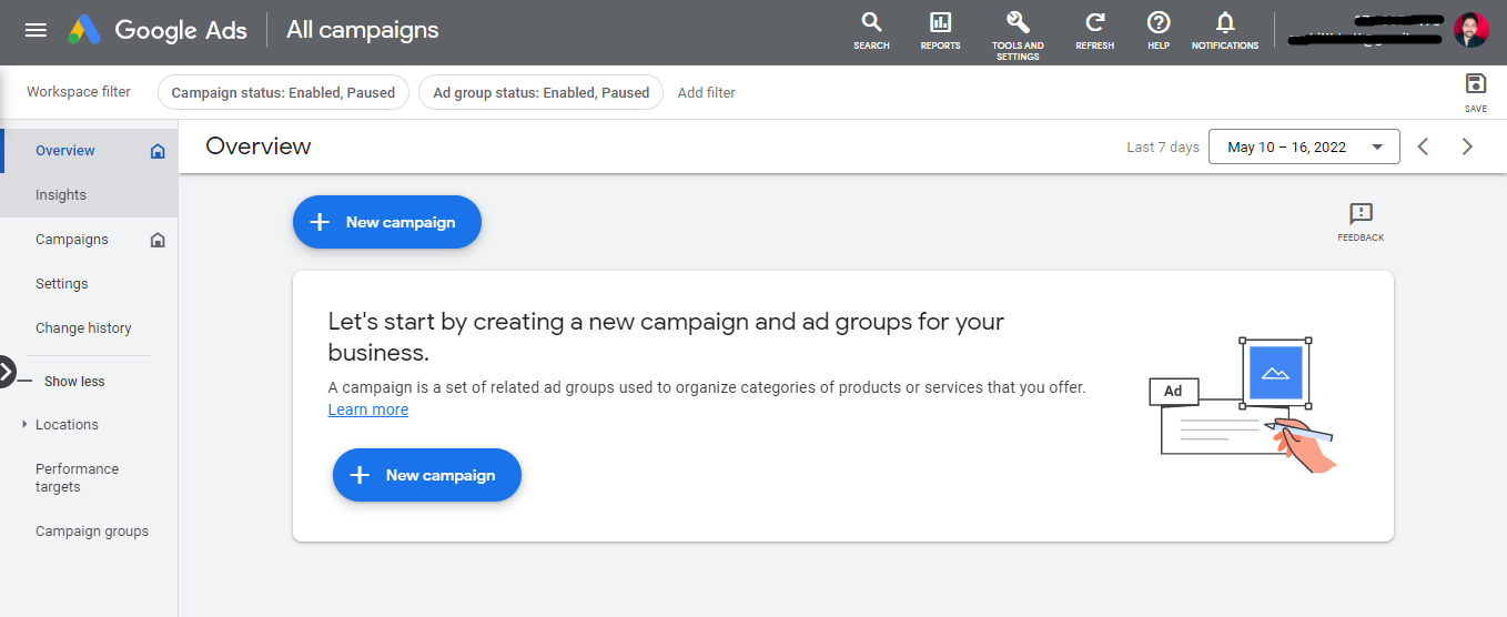 ‘New campaign’ screen in the Google Ads dashboard.