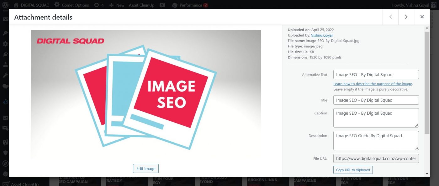 Image with all tags set in WordPress - Snapshot by Digital Squad