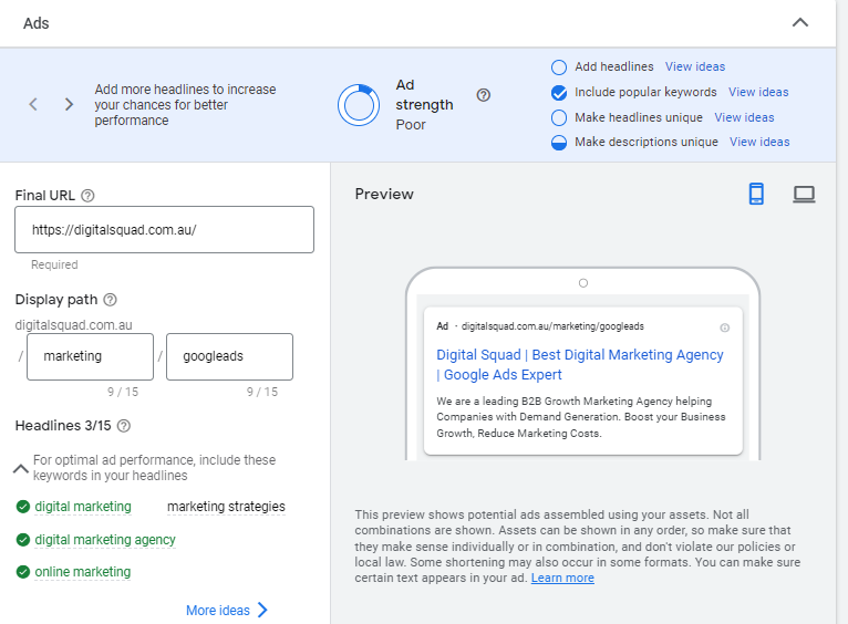 ‘Creating an Ad’ screen in the Google Ads dashboard