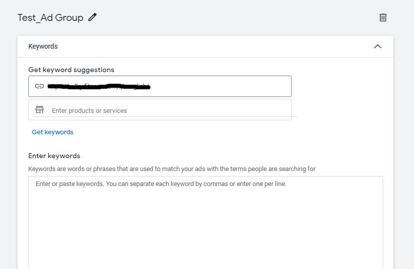 ‘Keywords’ section in the Google Ads dashboard