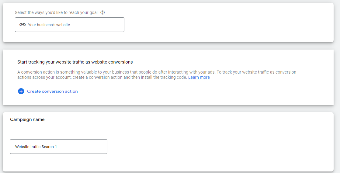 'Campaign name’ screen in the Google Ads dashboard.