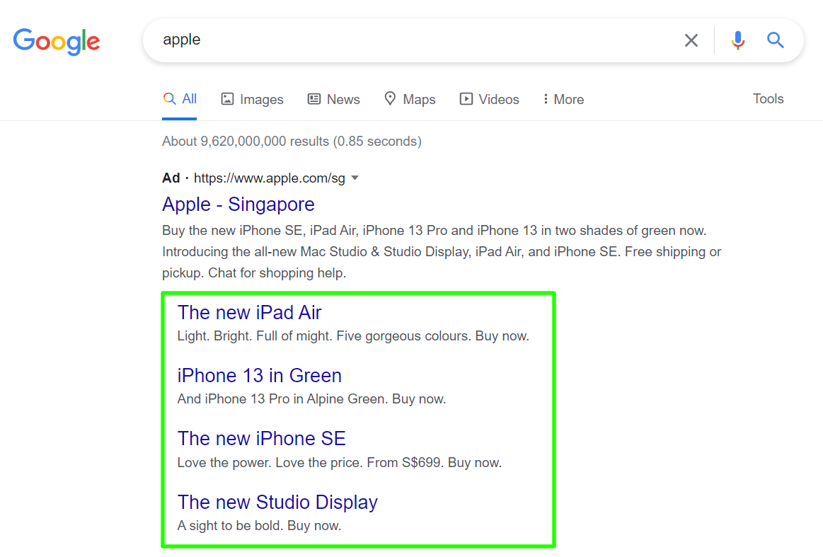 Apple Ad sitelink extensions in Google Search