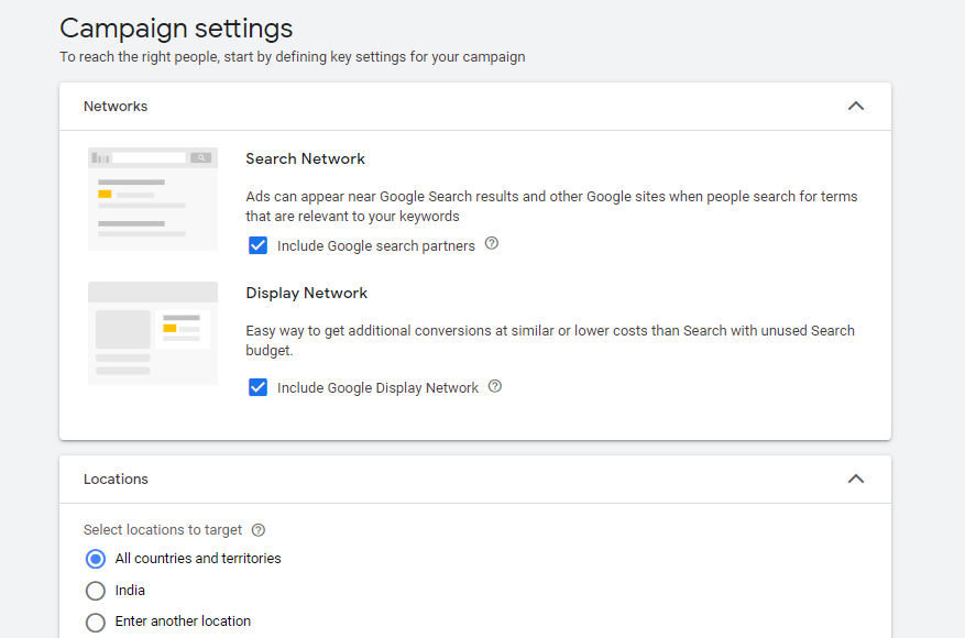 ‘Campaign settings’ screen in the Google Ads dashboard