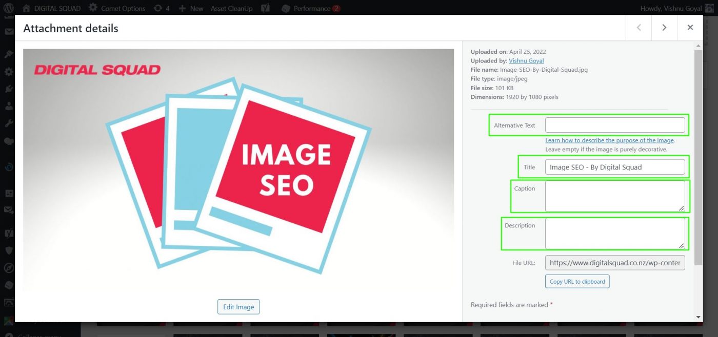 Image upload page in WordPress - Snapshot by Digital Squad
